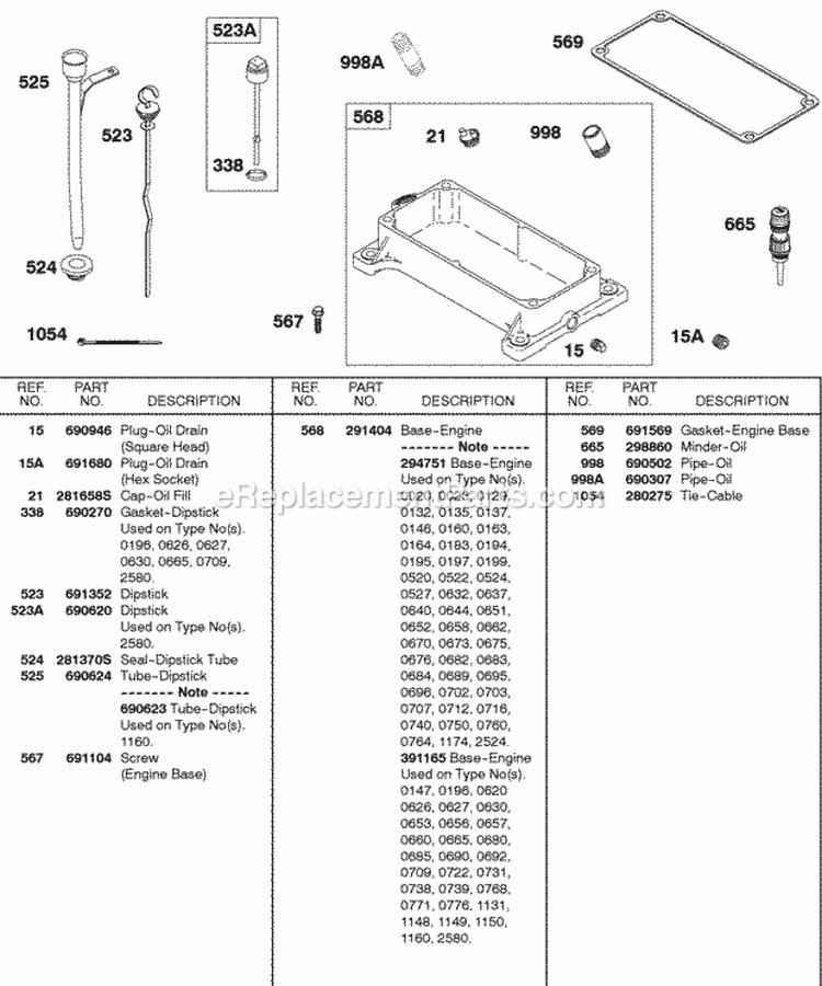 Engine Base Dipstick Diagram and Parts List for 243431-0798-99  Briggs and Stratton Engine